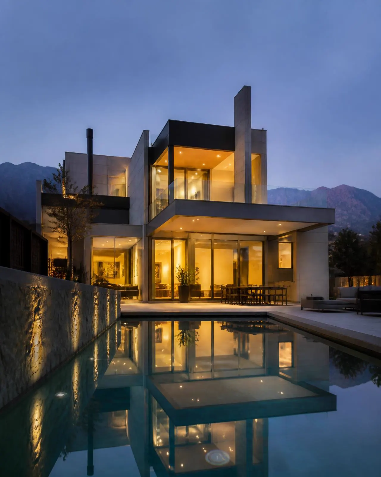 Casa moderna de alto estándar en Santiago al atardecer